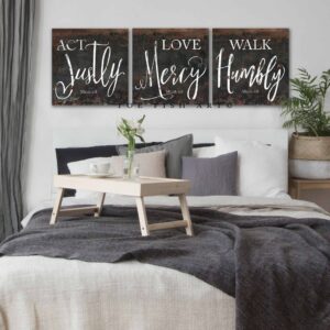 Act Justly Love Mercy Walk Humbly Sign handmade by ToeFishArt. Original, custom, personalized wall decor signs. Canvas, Wood or Metal. Rustic modern farmhouse, cottagecore, vintage, retro, industrial, Americana, primitive, country, coastal, minimalist.