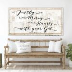 Act Justly Love Mercy Walk Humbly Sign handmade by ToeFishArt. Original, custom, personalized wall decor signs. Canvas, Wood or Metal. Rustic modern farmhouse, cottagecore, vintage, retro, industrial, Americana, primitive, country, coastal, minimalist.