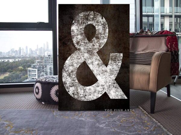 Ampersand Sign handmade by ToeFishArt. Original, custom, personalized wall decor signs. Canvas, Wood or Metal. Rustic modern farmhouse, cottagecore, vintage, retro, industrial, Americana, primitive, country, coastal, minimalist.