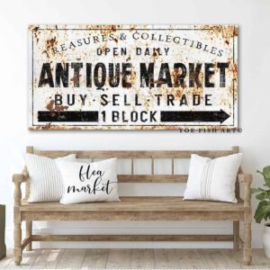 Antique Market Sign handmade by ToeFishArt. Original, custom, personalized wall decor signs. Canvas, Wood or Metal. Rustic modern farmhouse, cottagecore, vintage, retro, industrial, Americana, primitive, country, coastal, minimalist.