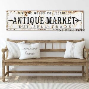 Antique Market Sign Vintage Goods Collectibles handmade by ToeFishArt. Original, custom, personalized wall decor signs. Canvas, Wood or Metal. Rustic modern farmhouse, cottagecore, vintage, retro, industrial, Americana, primitive, country, coastal, minimalist.