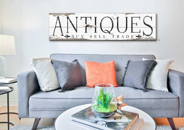 Antiques Sign Buy Sell Trade handmade by ToeFishArt. Original, custom, personalized wall decor signs. Canvas, Wood or Metal. Rustic modern farmhouse, cottagecore, vintage, retro, industrial, Americana, primitive, country, coastal, minimalist.