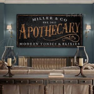 Apothecary Sign handmade by ToeFishArt. Original, custom, personalized wall decor signs. Canvas, Wood or Metal. Rustic modern farmhouse, cottagecore, vintage, retro, industrial, Americana, primitive, country, coastal, minimalist.