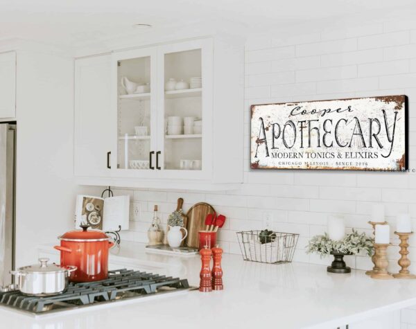 Apothecary Sign handmade by ToeFishArt. Original, custom, personalized wall decor signs. Canvas, Wood or Metal. Rustic modern farmhouse, cottagecore, vintage, retro, industrial, Americana, primitive, country, coastal, minimalist.