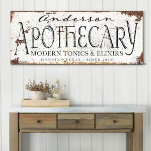 Apothecary Sign handmade by ToeFishArt. Original, custom, personalized wall decor signs. Canvas, Wood or Metal. Rustic modern farmhouse, cottagecore, vintage, retro, industrial, Americana, primitive, country, coastal, minimalist.