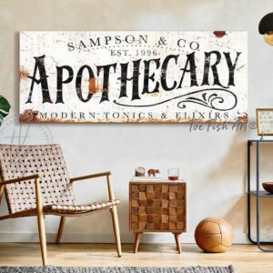 Apothecary Sign handmade by ToeFishArt. Original, custom, personalized wall decor signs. Canvas, Wood or Metal. Rustic modern farmhouse, cottagecore, vintage, retro, industrial, Americana, primitive, country, coastal, minimalist.