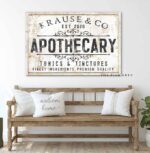 Apothecary Sign handmade by ToeFishArt. Original, custom, personalized wall decor signs. Canvas, Wood or Metal. Rustic modern farmhouse, cottagecore, vintage, retro, industrial, Americana, primitive, country, coastal, minimalist.