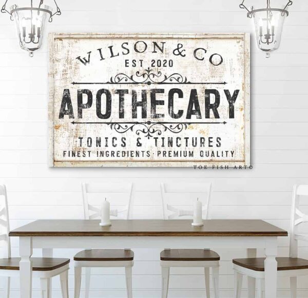 Apothecary Sign handmade by ToeFishArt. Original, custom, personalized wall decor signs. Canvas, Wood or Metal. Rustic modern farmhouse, cottagecore, vintage, retro, industrial, Americana, primitive, country, coastal, minimalist.