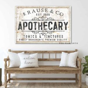 Apothecary Sign handmade by ToeFishArt. Original, custom, personalized wall decor signs. Canvas, Wood or Metal. Rustic modern farmhouse, cottagecore, vintage, retro, industrial, Americana, primitive, country, coastal, minimalist.