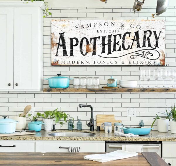 Apothecary Sign handmade by ToeFishArt. Original, custom, personalized wall decor signs. Canvas, Wood or Metal. Rustic modern farmhouse, cottagecore, vintage, retro, industrial, Americana, primitive, country, coastal, minimalist.