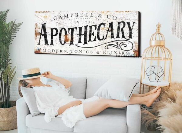 Apothecary Sign handmade by ToeFishArt. Original, custom, personalized wall decor signs. Canvas, Wood or Metal. Rustic modern farmhouse, cottagecore, vintage, retro, industrial, Americana, primitive, country, coastal, minimalist.