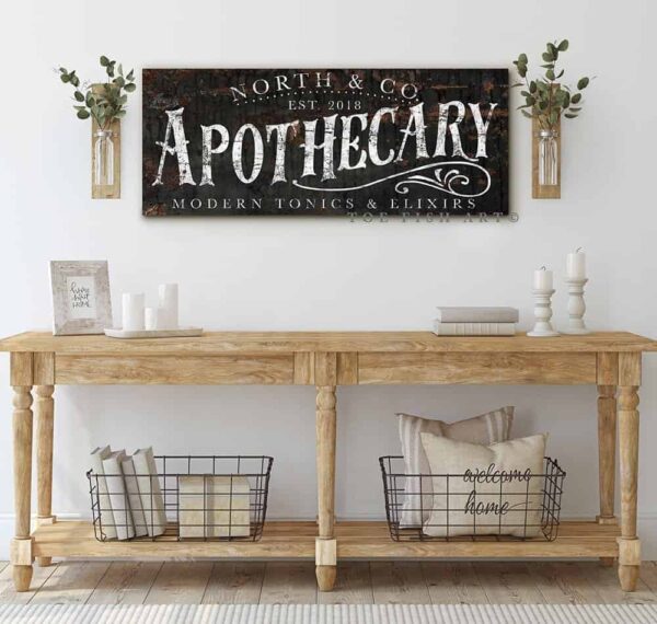 Apothecary Sign handmade by ToeFishArt. Original, custom, personalized wall decor signs. Canvas, Wood or Metal. Rustic modern farmhouse, cottagecore, vintage, retro, industrial, Americana, primitive, country, coastal, minimalist.