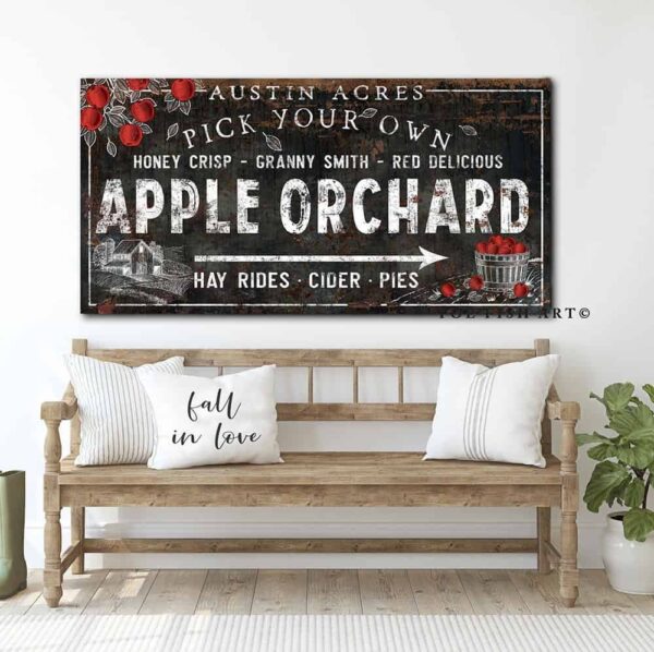 Apple Orchard Sign handmade by ToeFishArt. Original, custom, personalized wall decor signs. Canvas, Wood or Metal. Rustic modern farmhouse, cottagecore, vintage, retro, industrial, Americana, primitive, country, coastal, minimalist.