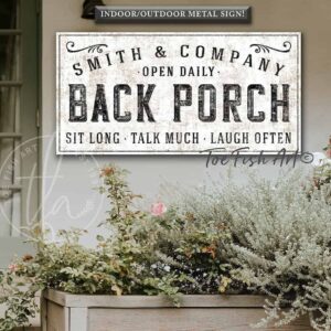 Back Porch Personalized Family Name Sign handmade by ToeFishArt. Original, custom, personalized wall decor signs. Canvas, Wood or Metal. Rustic modern farmhouse, cottagecore, vintage, retro, industrial, Americana, primitive, country, coastal, minimalist.