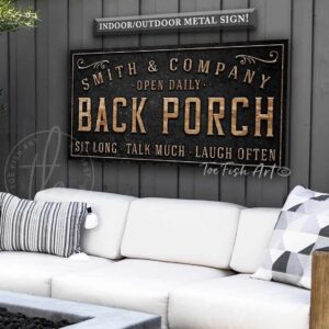 Back Porch Personalized Family Name Sign handmade by ToeFishArt. Original, custom, personalized wall decor signs. Canvas, Wood or Metal. Rustic modern farmhouse, cottagecore, vintage, retro, industrial, Americana, primitive, country, coastal, minimalist.
