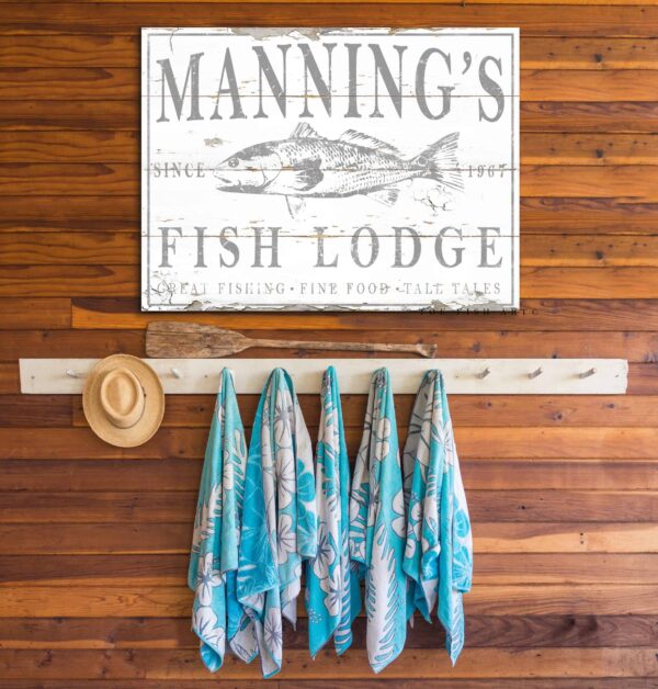 Bait & Tackle Sign handmade by ToeFishArt. Original, custom, personalized wall decor signs. Canvas, Wood or Metal. Rustic modern farmhouse, cottagecore, vintage, retro, industrial, Americana, primitive, country, coastal, minimalist.
