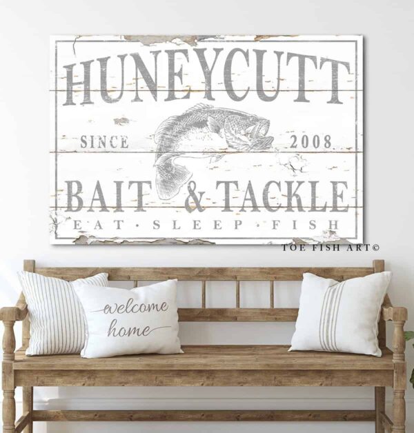 Bait & Tackle Sign handmade by ToeFishArt. Original, custom, personalized wall decor signs. Canvas, Wood or Metal. Rustic modern farmhouse, cottagecore, vintage, retro, industrial, Americana, primitive, country, coastal, minimalist.