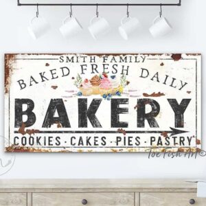 Baked Fresh Daily Bakery Sign Sign handmade by ToeFishArt. Original, custom, personalized wall decor signs. Canvas, Wood or Metal. Rustic modern farmhouse, cottagecore, vintage, retro, industrial, Americana, primitive, country, coastal, minimalist.