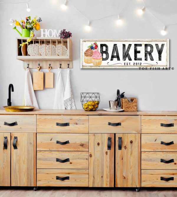 Bakery Sign handmade by ToeFishArt. Original, custom, personalized wall decor signs. Canvas, Wood or Metal. Rustic modern farmhouse, cottagecore, vintage, retro, industrial, Americana, primitive, country, coastal, minimalist.