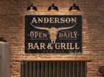 Bar & Grill Open Daily Sign handmade by ToeFishArt. Original, custom, personalized wall decor signs. Canvas, Wood or Metal. Rustic modern farmhouse, cottagecore, vintage, retro, industrial, Americana, primitive, country, coastal, minimalist.