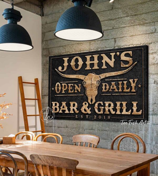 Bar & Grill Open Daily Sign handmade by ToeFishArt. Original, custom, personalized wall decor signs. Canvas, Wood or Metal. Rustic modern farmhouse, cottagecore, vintage, retro, industrial, Americana, primitive, country, coastal, minimalist.