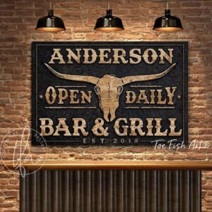 Bar & Grill Open Daily Sign handmade by ToeFishArt. Original, custom, personalized wall decor signs. Canvas, Wood or Metal. Rustic modern farmhouse, cottagecore, vintage, retro, industrial, Americana, primitive, country, coastal, minimalist.