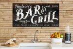 Bar & Grill Sign handmade by ToeFishArt. Original, custom, personalized wall decor signs. Canvas, Wood or Metal. Rustic modern farmhouse, cottagecore, vintage, retro, industrial, Americana, primitive, country, coastal, minimalist.