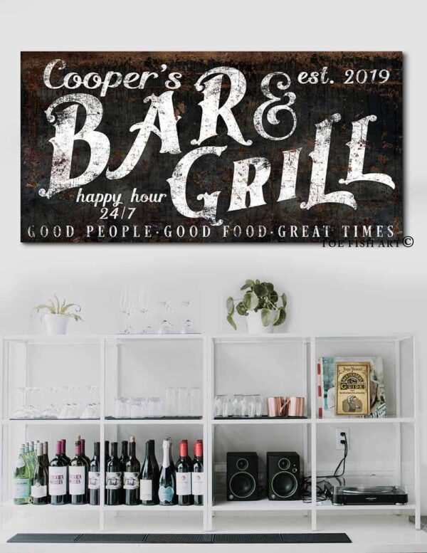 Bar & Grill Sign handmade by ToeFishArt. Original, custom, personalized wall decor signs. Canvas, Wood or Metal. Rustic modern farmhouse, cottagecore, vintage, retro, industrial, Americana, primitive, country, coastal, minimalist.