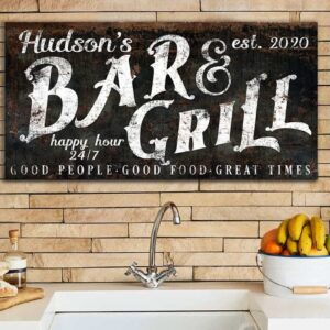 Bar & Grill Sign handmade by ToeFishArt. Original, custom, personalized wall decor signs. Canvas, Wood or Metal. Rustic modern farmhouse, cottagecore, vintage, retro, industrial, Americana, primitive, country, coastal, minimalist.