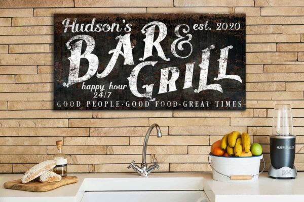 Bar & Grill Sign handmade by ToeFishArt. Original, custom, personalized wall decor signs. Canvas, Wood or Metal. Rustic modern farmhouse, cottagecore, vintage, retro, industrial, Americana, primitive, country, coastal, minimalist.