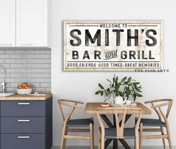 Bar & Grill Sign handmade by ToeFishArt. Original, custom, personalized wall decor signs. Canvas, Wood or Metal. Rustic modern farmhouse, cottagecore, vintage, retro, industrial, Americana, primitive, country, coastal, minimalist.