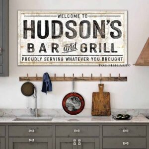 Bar & Grill Sign handmade by ToeFishArt. Original, custom, personalized wall decor signs. Canvas, Wood or Metal. Rustic modern farmhouse, cottagecore, vintage, retro, industrial, Americana, primitive, country, coastal, minimalist.