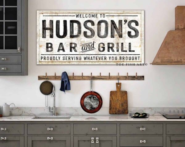 Bar & Grill Sign handmade by ToeFishArt. Original, custom, personalized wall decor signs. Canvas, Wood or Metal. Rustic modern farmhouse, cottagecore, vintage, retro, industrial, Americana, primitive, country, coastal, minimalist.