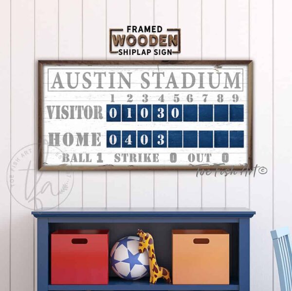 Baseball Stadium Scoreboard Sign handmade by ToeFishArt. Original, custom, personalized wall decor signs. Canvas, Wood or Metal. Rustic modern farmhouse, cottagecore, vintage, retro, industrial, Americana, primitive, country, coastal, minimalist.