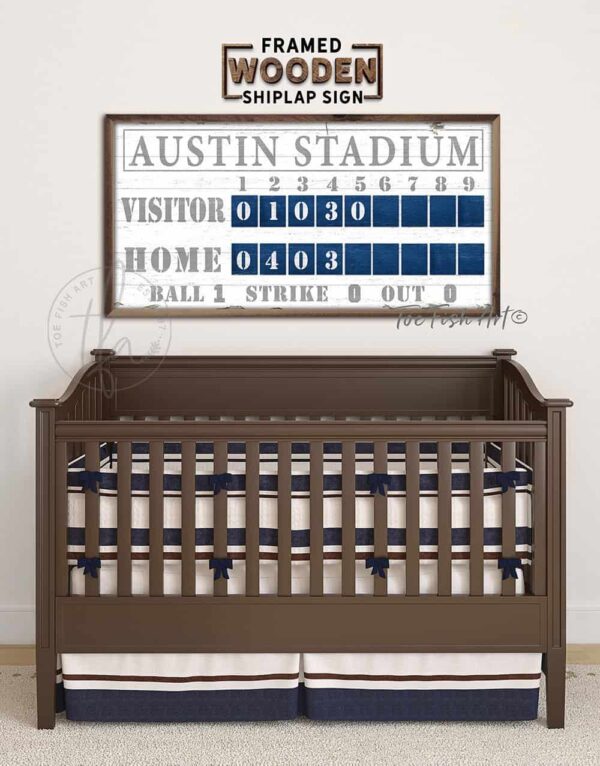 Baseball Stadium Scoreboard Sign handmade by ToeFishArt. Original, custom, personalized wall decor signs. Canvas, Wood or Metal. Rustic modern farmhouse, cottagecore, vintage, retro, industrial, Americana, primitive, country, coastal, minimalist.