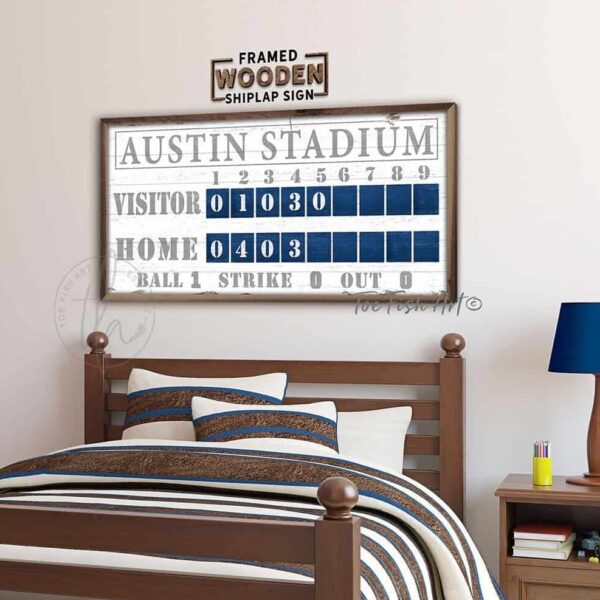 Baseball Stadium Scoreboard Sign handmade by ToeFishArt. Original, custom, personalized wall decor signs. Canvas, Wood or Metal. Rustic modern farmhouse, cottagecore, vintage, retro, industrial, Americana, primitive, country, coastal, minimalist.