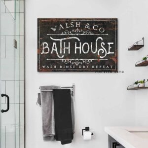 Bath House Sign handmade by ToeFishArt. Original, custom, personalized wall decor signs. Canvas, Wood or Metal. Rustic modern farmhouse, cottagecore, vintage, retro, industrial, Americana, primitive, country, coastal, minimalist.