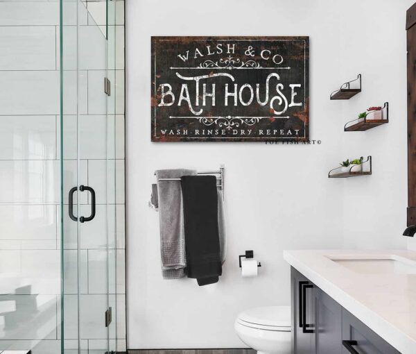 Bath House Sign handmade by ToeFishArt. Original, custom, personalized wall decor signs. Canvas, Wood or Metal. Rustic modern farmhouse, cottagecore, vintage, retro, industrial, Americana, primitive, country, coastal, minimalist.