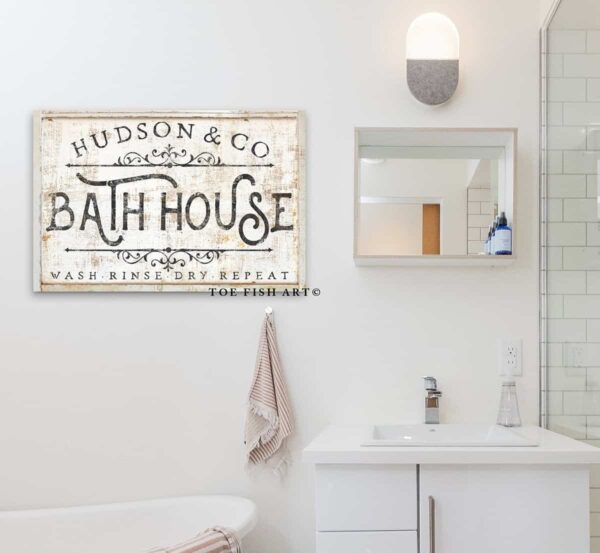 Bath House Sign handmade by ToeFishArt. Original, custom, personalized wall decor signs. Canvas, Wood or Metal. Rustic modern farmhouse, cottagecore, vintage, retro, industrial, Americana, primitive, country, coastal, minimalist.