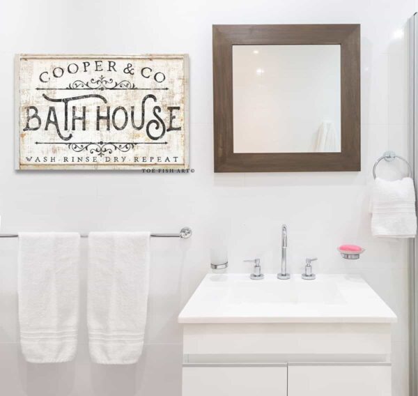 Bath House Sign handmade by ToeFishArt. Original, custom, personalized wall decor signs. Canvas, Wood or Metal. Rustic modern farmhouse, cottagecore, vintage, retro, industrial, Americana, primitive, country, coastal, minimalist.