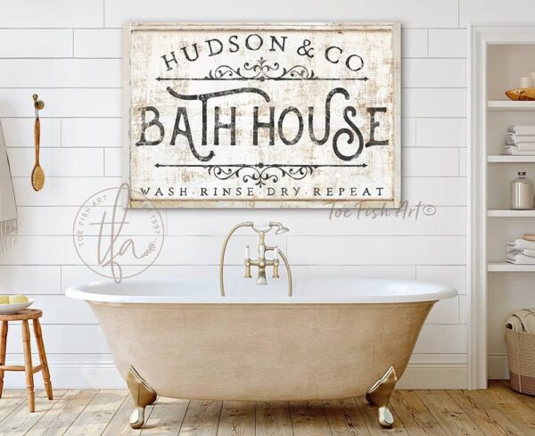 Bath House Sign handmade by ToeFishArt. Original, custom, personalized wall decor signs. Canvas, Wood or Metal. Rustic modern farmhouse, cottagecore, vintage, retro, industrial, Americana, primitive, country, coastal, minimalist.