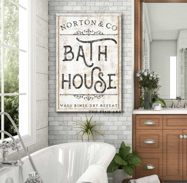 Bath House Sign handmade by ToeFishArt. Original, custom, personalized wall decor signs. Canvas, Wood or Metal. Rustic modern farmhouse, cottagecore, vintage, retro, industrial, Americana, primitive, country, coastal, minimalist.