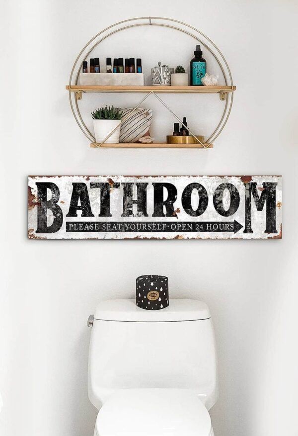 Bathroom Please Seat Yourself-Open 24 Hours Sign handmade by ToeFishArt. Original, custom, personalized wall decor signs. Canvas, Wood or Metal. Rustic modern farmhouse, cottagecore, vintage, retro, industrial, Americana, primitive, country, coastal, minimalist.