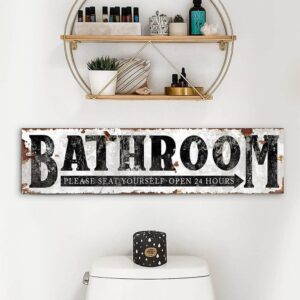 Bathroom Please Seat Yourself-Open 24 Hours Sign handmade by ToeFishArt. Original, custom, personalized wall decor signs. Canvas, Wood or Metal. Rustic modern farmhouse, cottagecore, vintage, retro, industrial, Americana, primitive, country, coastal, minimalist.