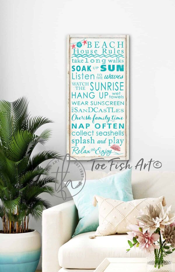 Beach House Rules Sign handmade by ToeFishArt. Original, custom, personalized wall decor signs. Canvas, Wood or Metal. Rustic modern farmhouse, cottagecore, vintage, retro, industrial, Americana, primitive, country, coastal, minimalist.