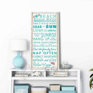 Beach House Rules Sign handmade by ToeFishArt. Original, custom, personalized wall decor signs. Canvas, Wood or Metal. Rustic modern farmhouse, cottagecore, vintage, retro, industrial, Americana, primitive, country, coastal, minimalist.