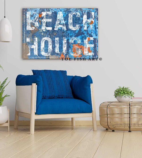 Beach House Sign handmade by ToeFishArt. Original, custom, personalized wall decor signs. Canvas, Wood or Metal. Rustic modern farmhouse, cottagecore, vintage, retro, industrial, Americana, primitive, country, coastal, minimalist.