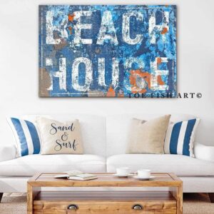 Beach House Sign handmade by ToeFishArt. Original, custom, personalized wall decor signs. Canvas, Wood or Metal. Rustic modern farmhouse, cottagecore, vintage, retro, industrial, Americana, primitive, country, coastal, minimalist.