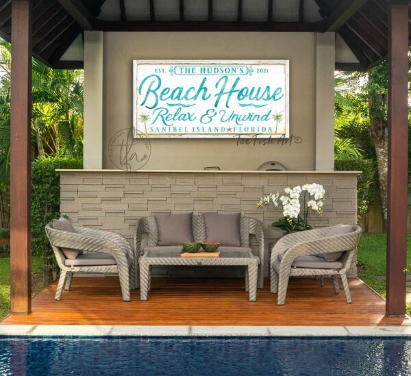 Beach House Sign handmade by ToeFishArt. Original, custom, personalized wall decor signs. Canvas, Wood or Metal. Rustic modern farmhouse, cottagecore, vintage, retro, industrial, Americana, primitive, country, coastal, minimalist.