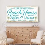 Beach House Sign handmade by ToeFishArt. Original, custom, personalized wall decor signs. Canvas, Wood or Metal. Rustic modern farmhouse, cottagecore, vintage, retro, industrial, Americana, primitive, country, coastal, minimalist.